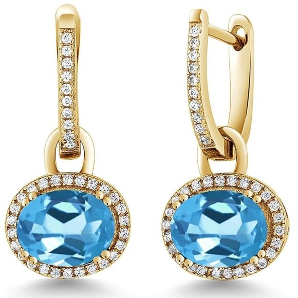18K Yellow Gold 925 with 4.44 Cttw Swiss Blue Topaz Oval French Lock Earrings